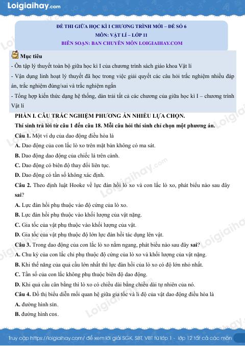 Đề thi giữa học kì 1 Vật lí 11 Cánh diều - Đề số 6